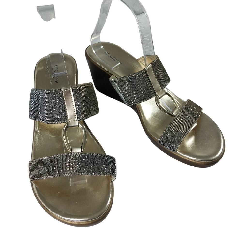 PESARO! "SUSAN" GOLD & BLACK MESH DUAL STRAP/T STRAP GOLD HARDWARE HEELS! SZ 11M